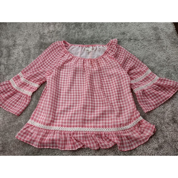 Uniform John Paul Richard Tops - JOHN PAUL RICHARD‎ WOMENS PINK PLAID LAYERD BELL SLEEVE RUFFLE BOTTOM TOP MEDIUM
